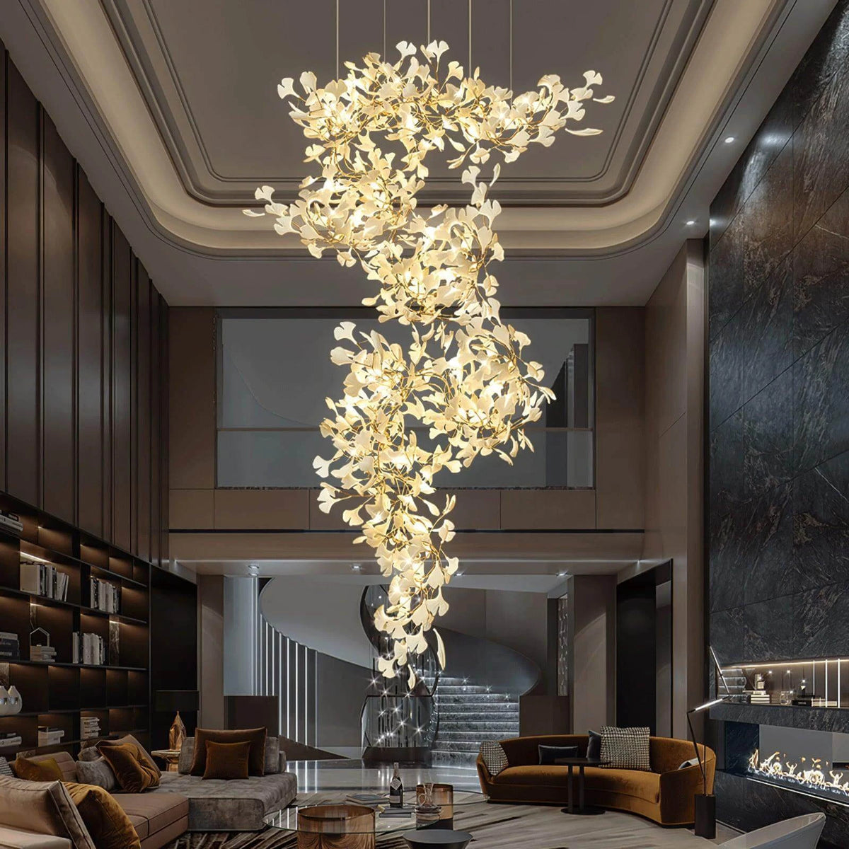 Modern Ginkgo Leaf Chandelier in Vaulted Living Room