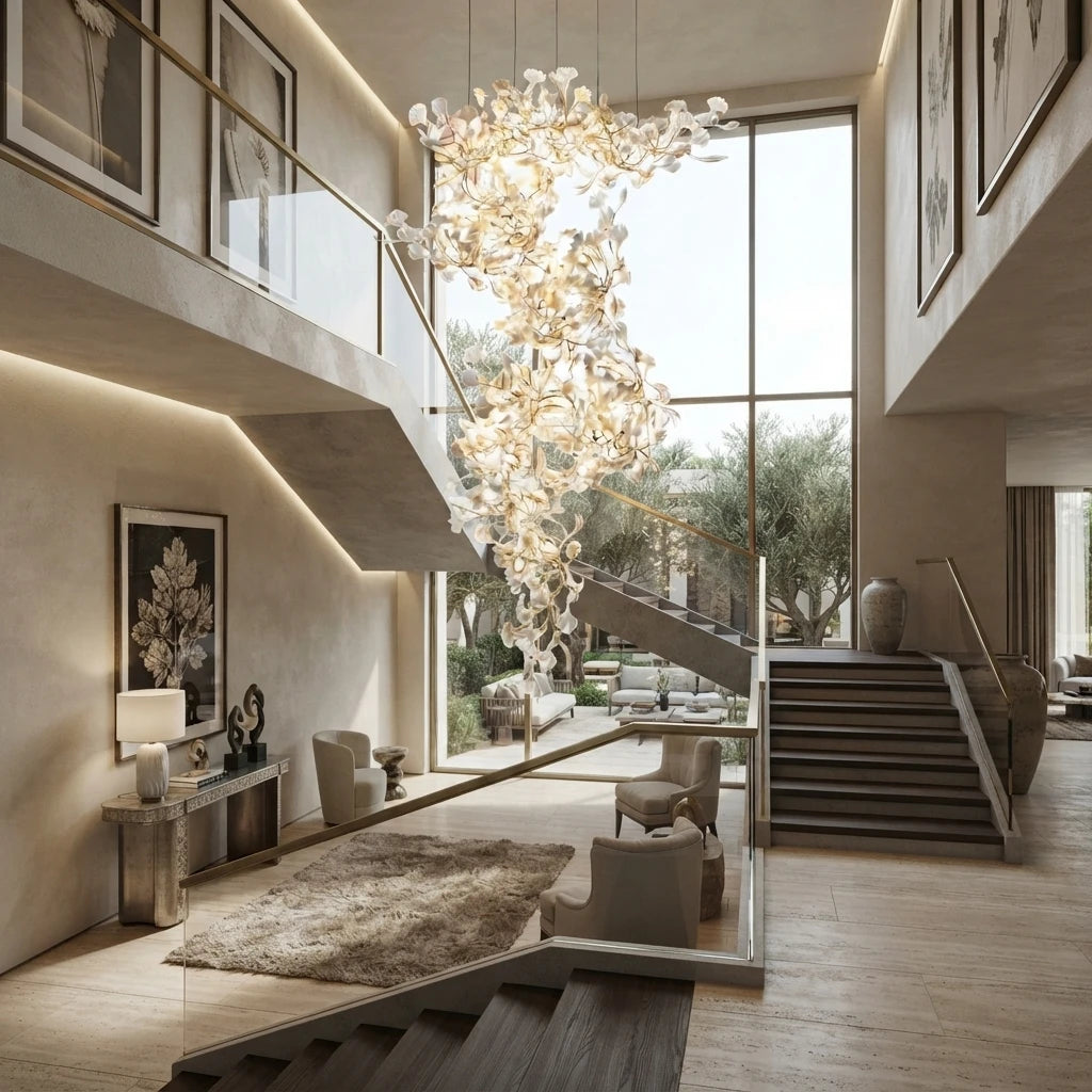 Modern Cascading Ginkgo Leaf Chandelier in Contemporary Living Space