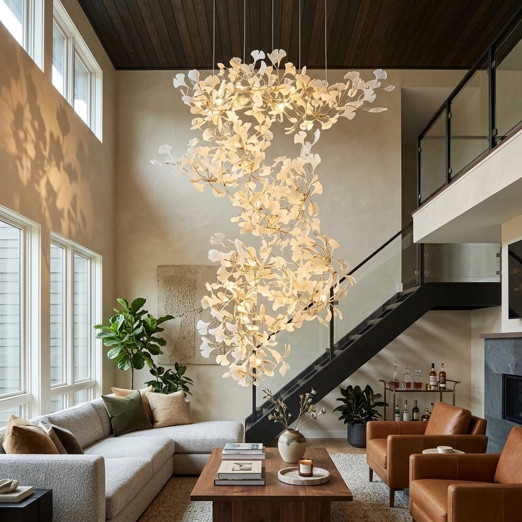 Modern Art Glass Chandelier in High Ceiling Living Room
