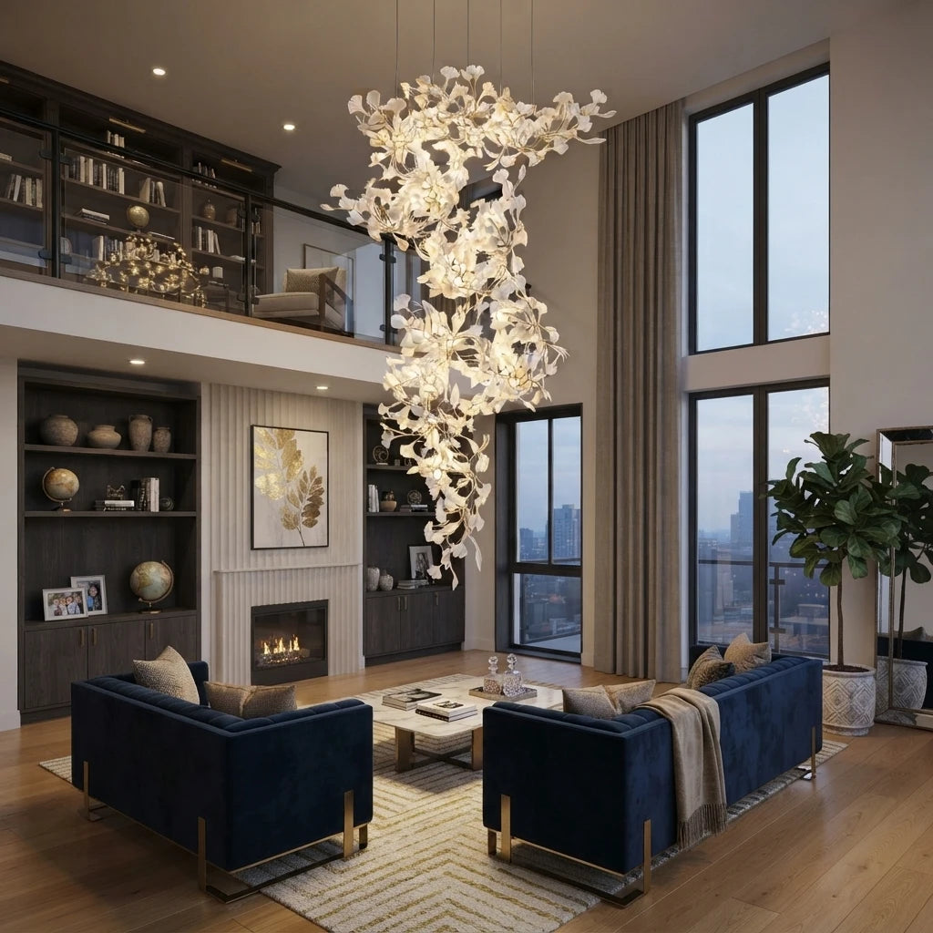Modern Cascading Ginkgo Leaf Chandelier in Bright Open Plan Living Area