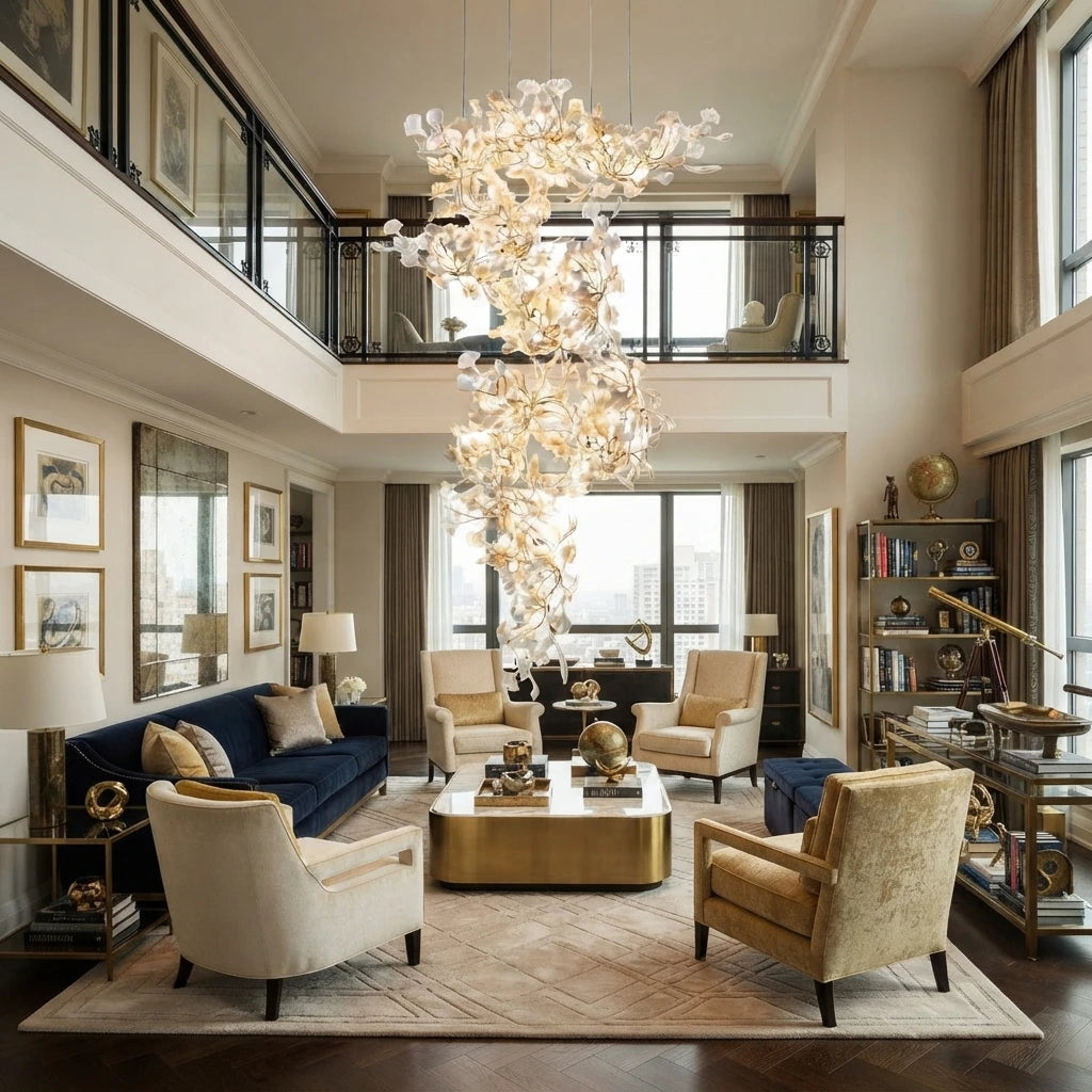Modern Ginkgo Leaf Chandelier in Luxury Living Room Interior