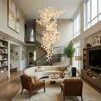 Modern Cascading Art Glass Chandelier Over Living Room