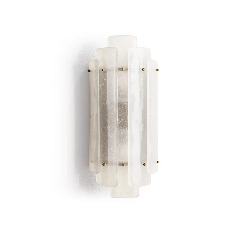 Modern Tiered Ice Art Glass Wall Sconce with Brass Hardware on Pure White Background
