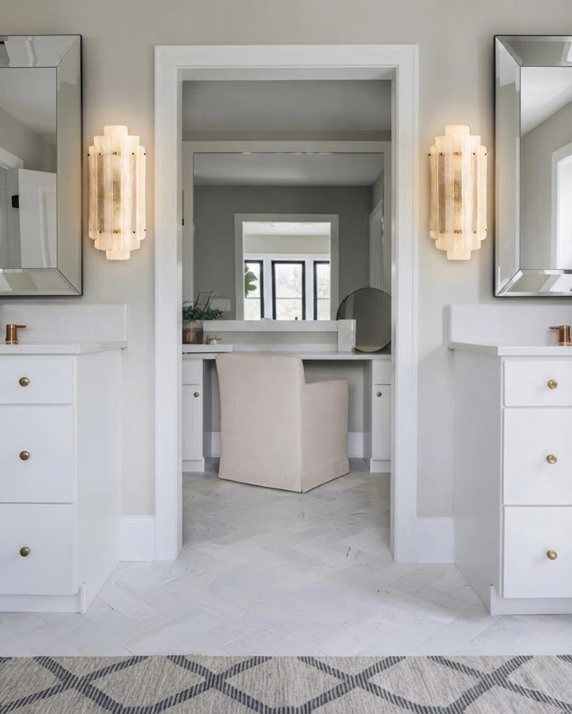 Modern Tiered Ice Art Glass Wall Sconces in Hallway Vanity Setting