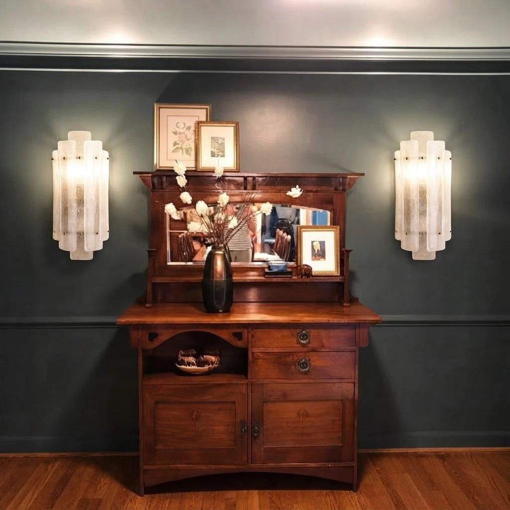 Symmetrical Modern Tiered Ice Glass Wall Sconces Over Credenza