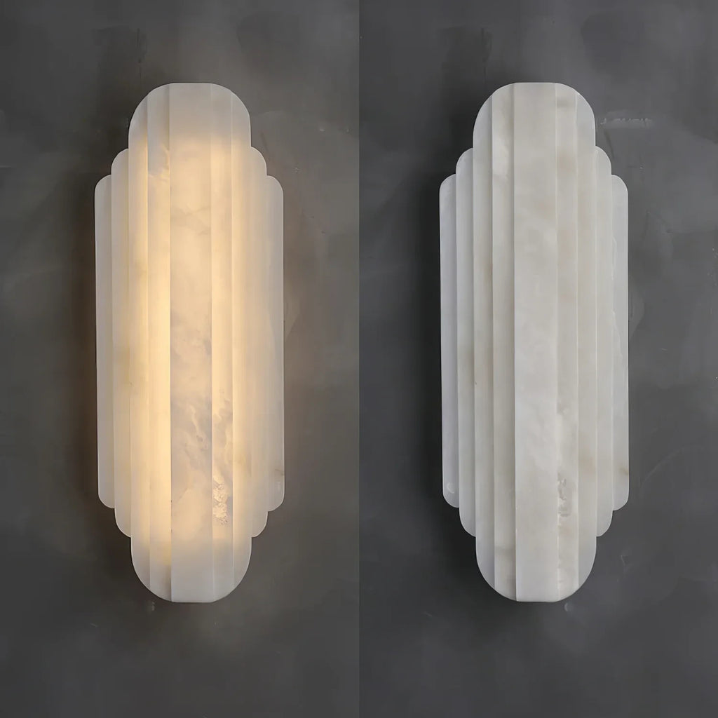 Comparison of Illuminated and Unlit Modern Tiered Alabaster Wall Sconces