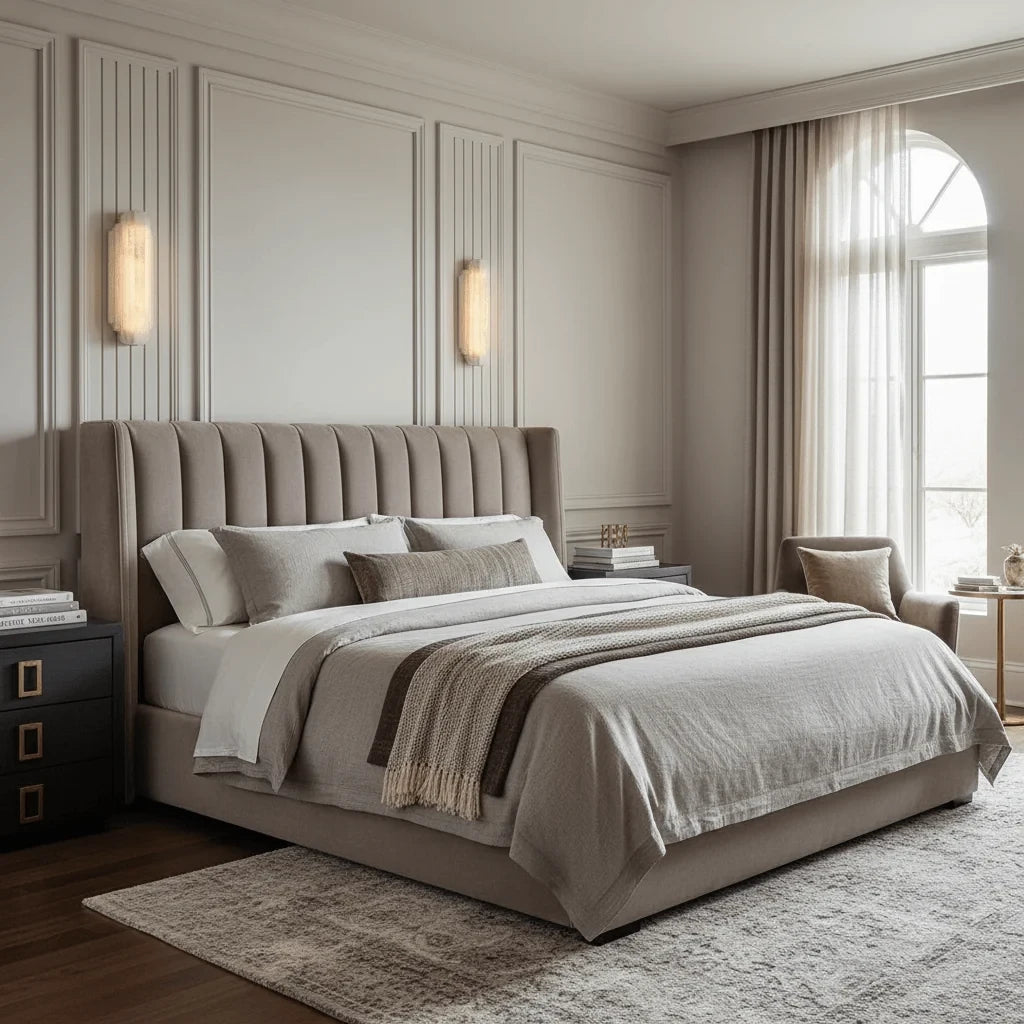 Modern Alabaster Wall Sconces in Luxury Master Bedroom Interior