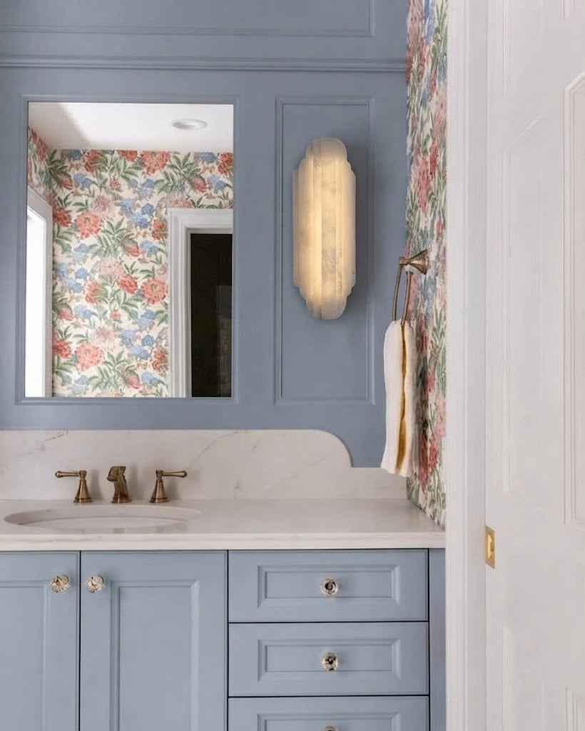 Modern Alabaster Wall Sconce in Bathroom Vanity Setting