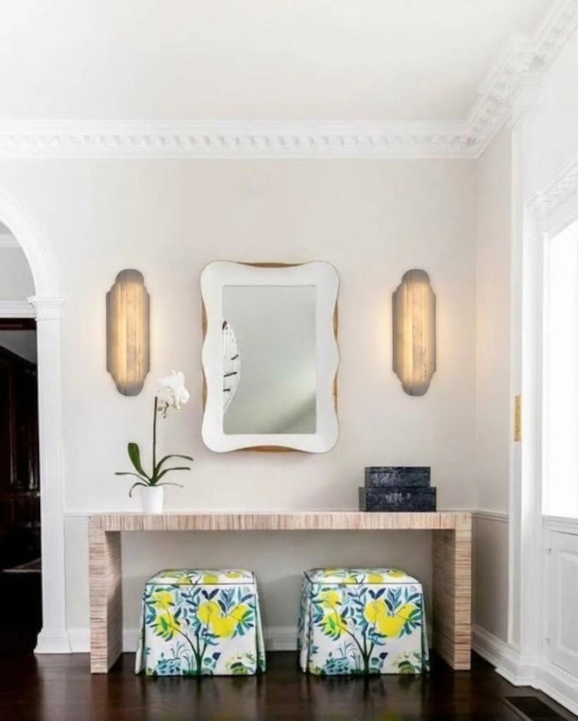 Modern Tiered Alabaster Art Glass Wall Sconces in Entryway Foyer