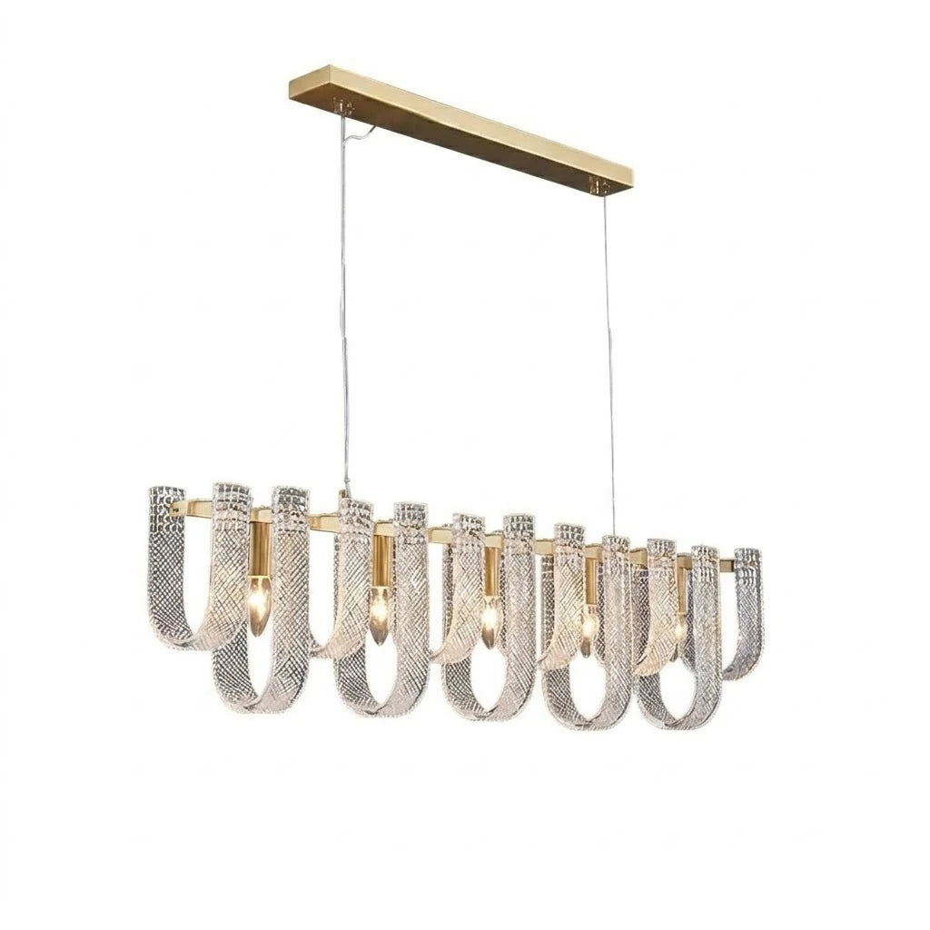 Modern Brass and Fluted Art Glass Single-Row Linear Chandelier with Gold Canopy on Pure White Background