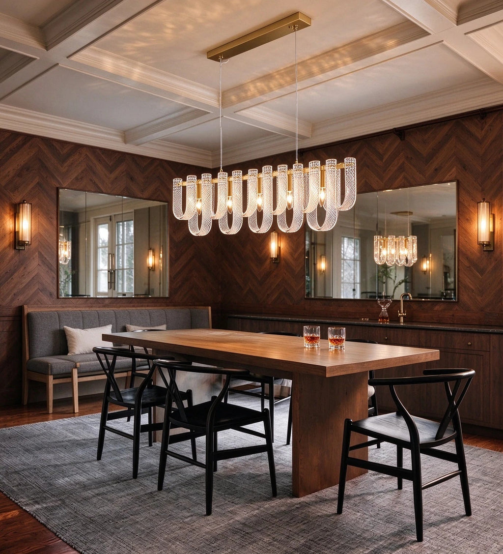 Modern Brass Fluted Art Glass Single-Row Linear Chandelier in Retro Lounge Bar Setting