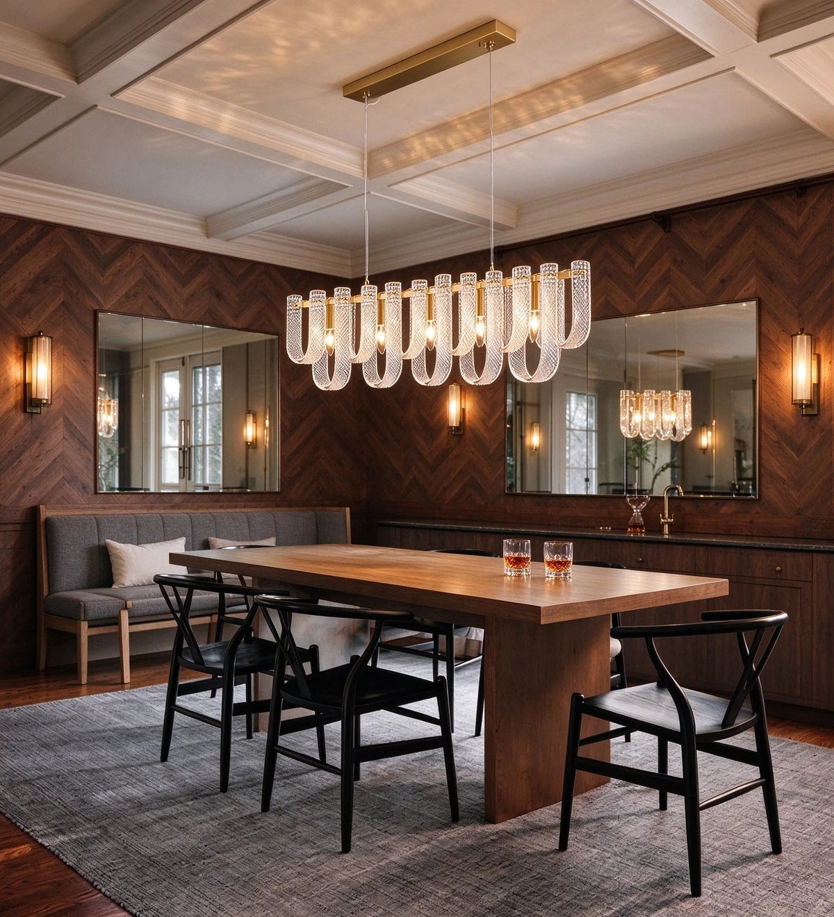 Modern Brass Fluted Art Glass Single-Row Linear Chandelier in Retro Lounge Bar Setting