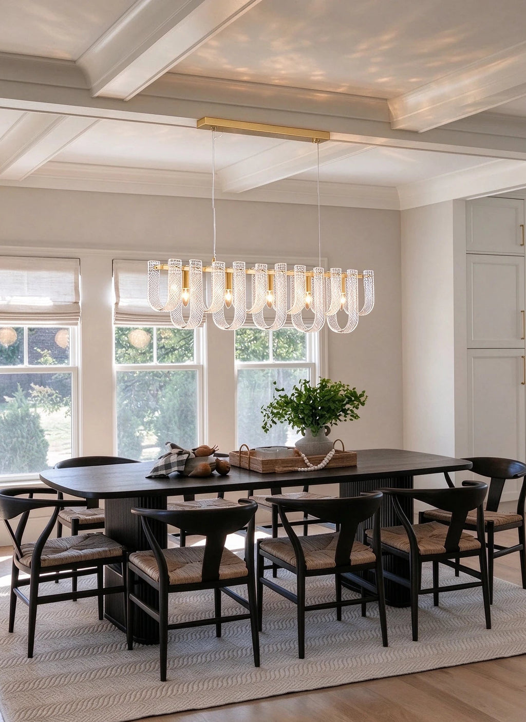 Modern Fluted Art Glass Single-Row Linear Chandelier in Luxury Dining Room