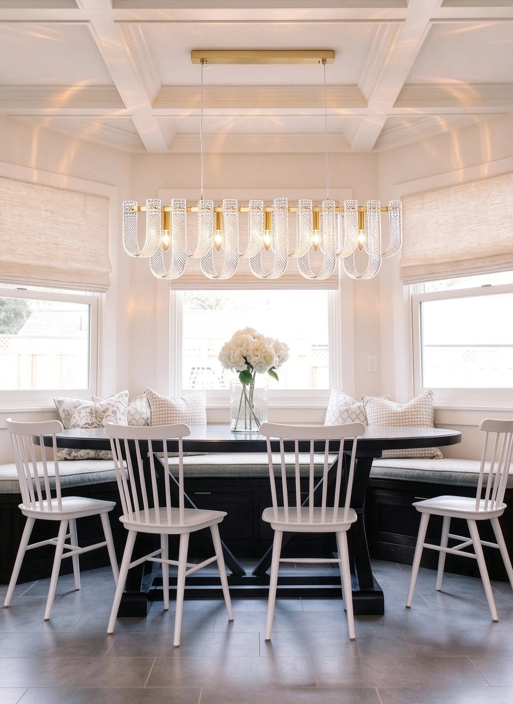 Modern Brass Fluted Art Glass Single-Row Linear Chandelier Over Dining Nook