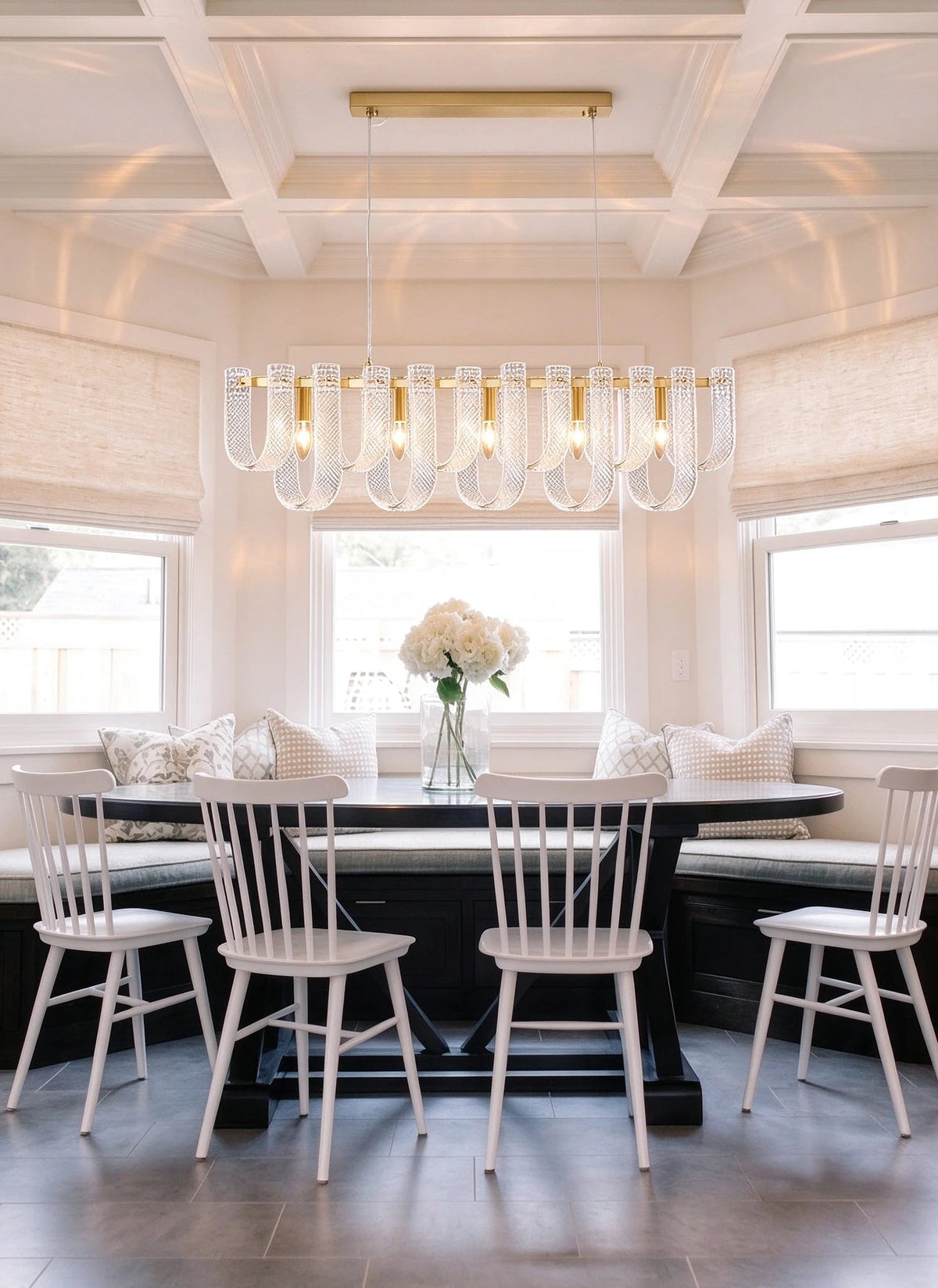 Modern Brass Fluted Art Glass Single-Row Linear Chandelier Over Dining Nook