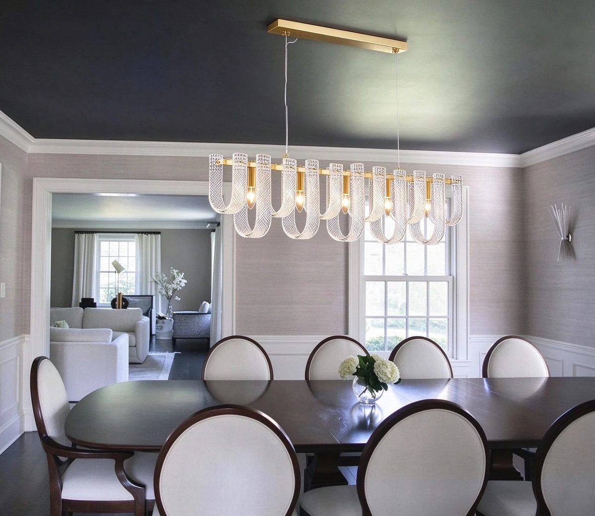 Modern Fluted Art Glass Single-Row Linear Chandelier in Contemporary Dining Space