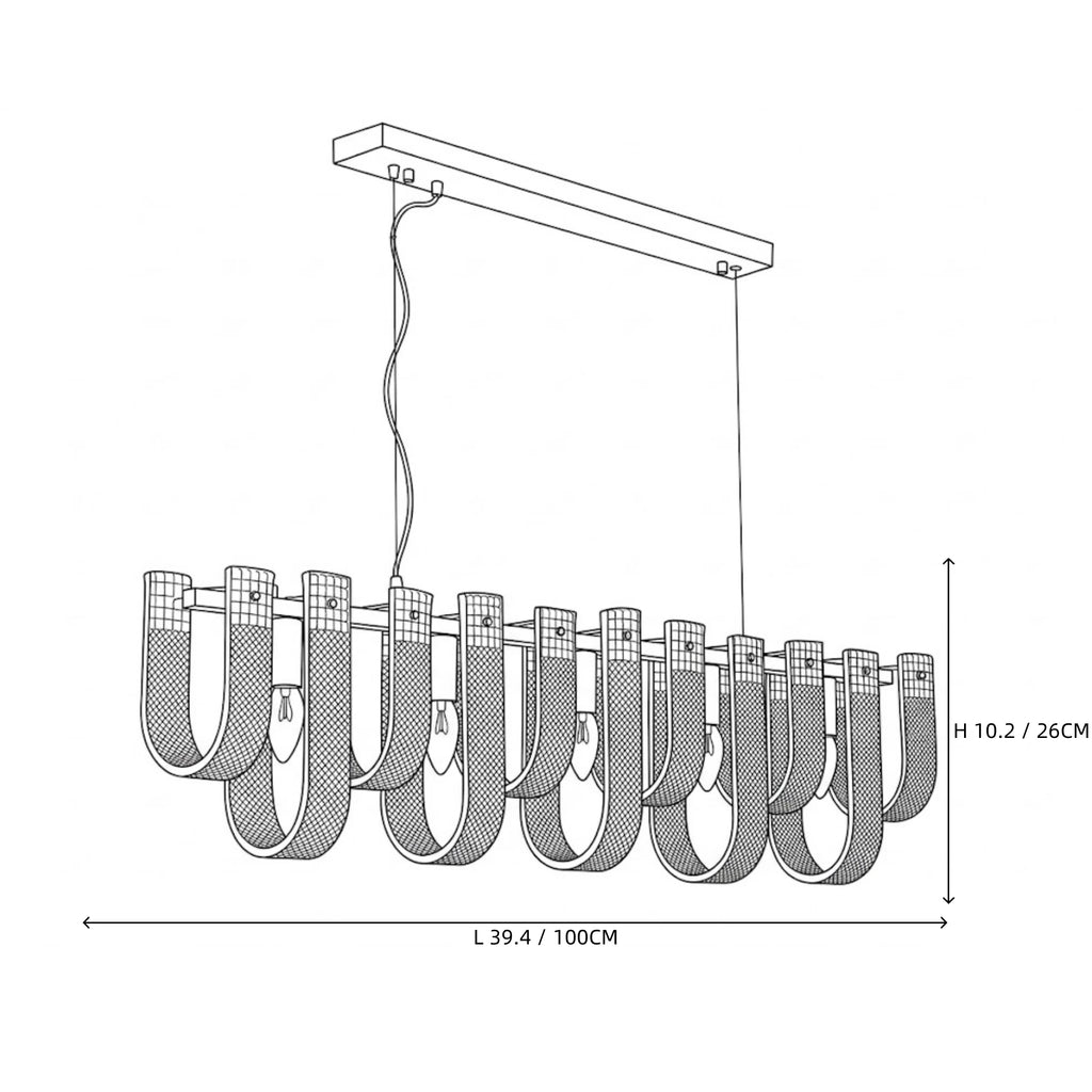 Modern Fluted Art Glass Single-Row Linear Chandelier Line Art Dimension Diagram