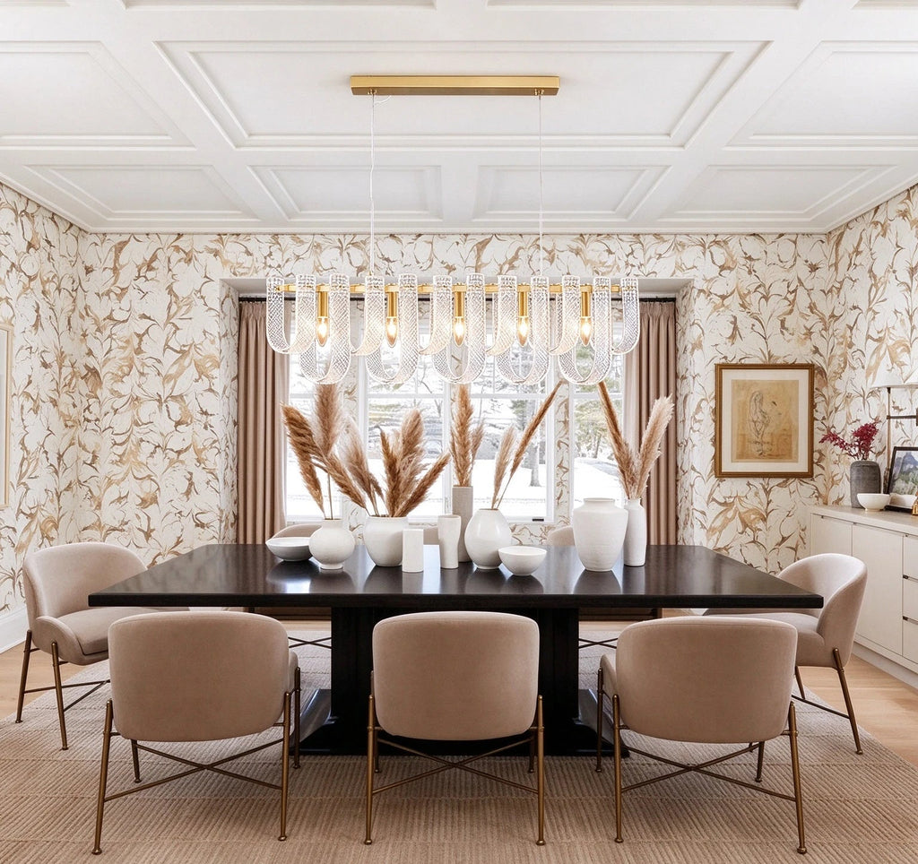 Modern Fluted Art Glass Single-Row Linear Chandelier in Open Plan Dining Setting