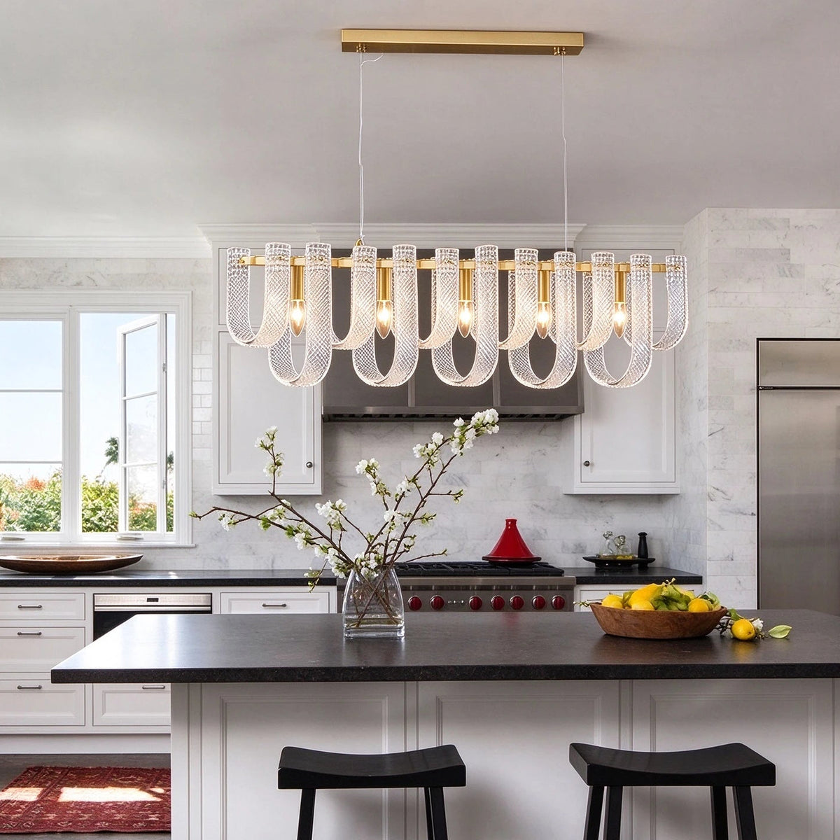 Modern Brass Fluted Art Glass Single-Row Linear Chandelier Over Kitchen Island