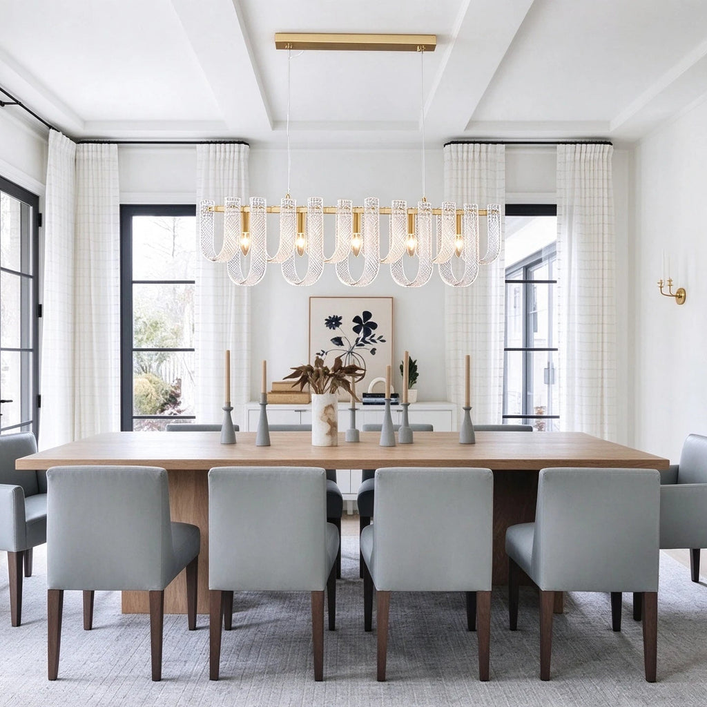 Modern Fluted Art Glass Single-Row Linear Chandelier in Formal Dining Room