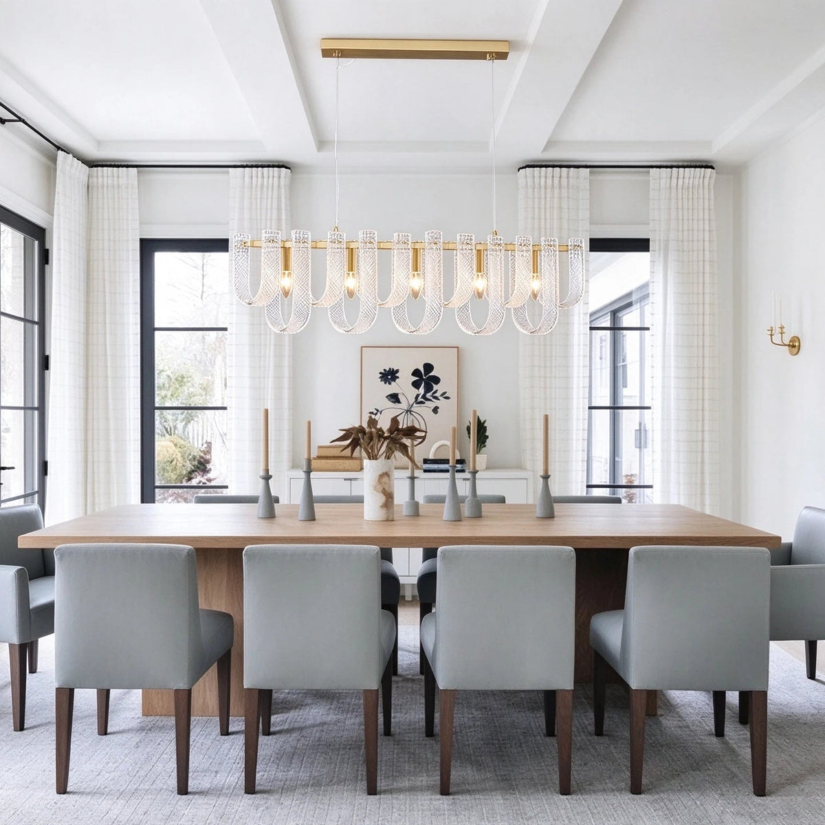 Modern Fluted Art Glass Single-Row Linear Chandelier in Formal Dining Room
