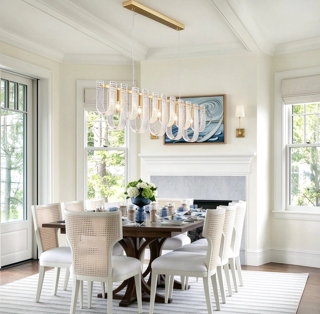 Modern Brass Fluted Art Glass Single-Row Linear Chandelier in Elegant Dining Area