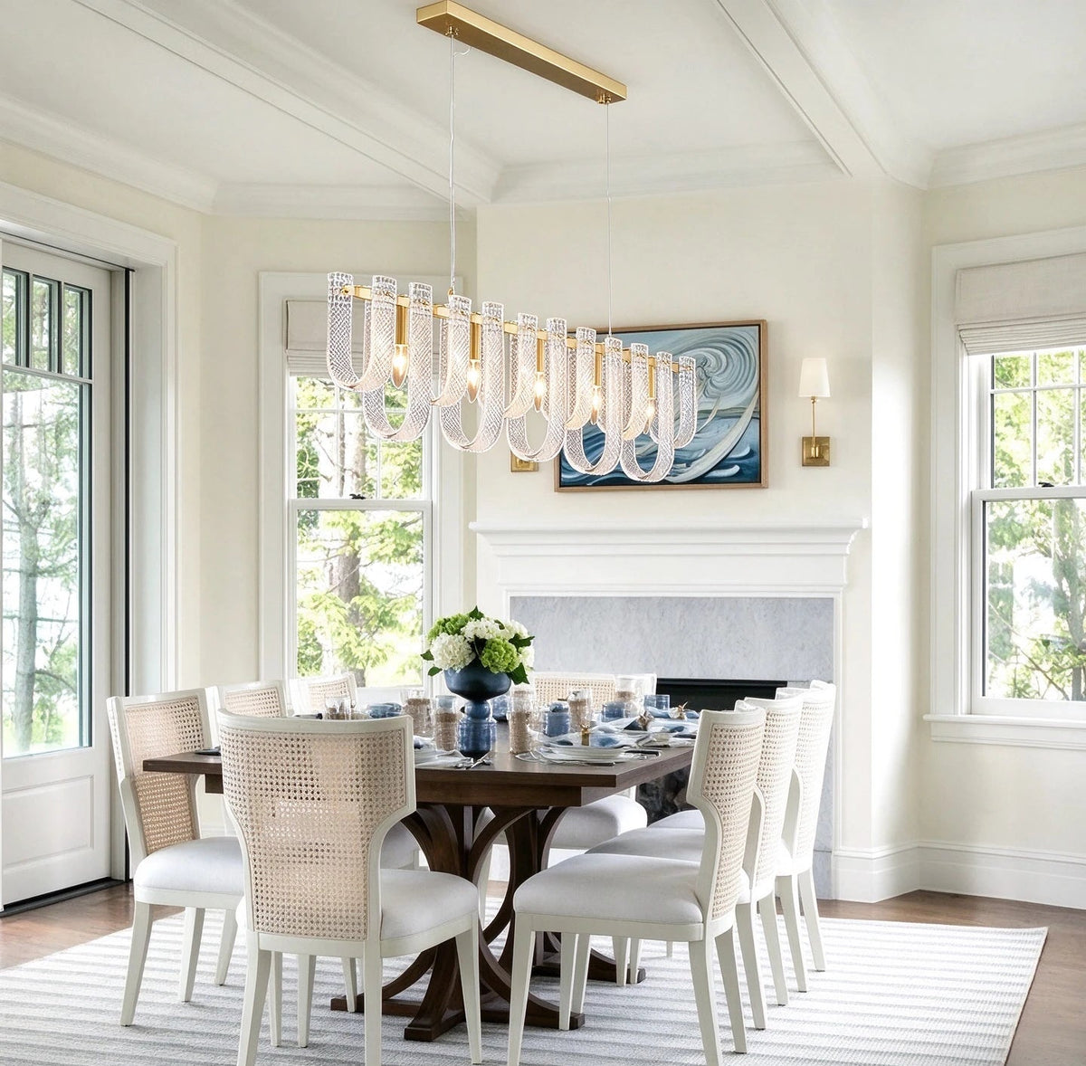 Modern Brass Fluted Art Glass Single-Row Linear Chandelier in Elegant Dining Area