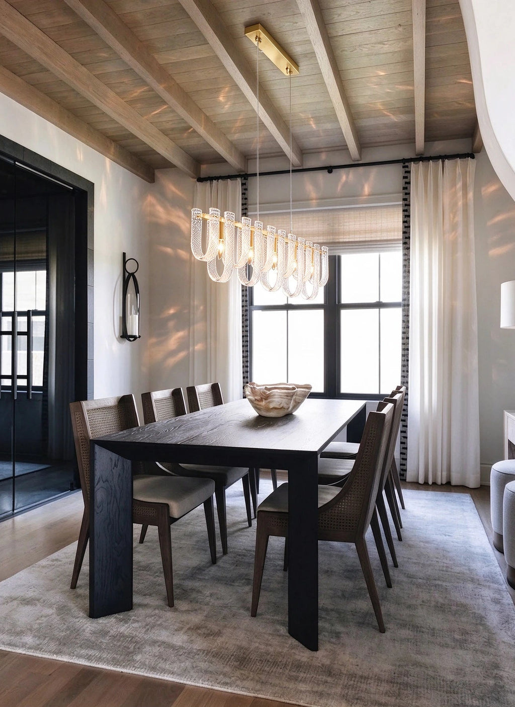 Modern Fluted Art Glass Single-Row Linear Chandelier in Cozy Dining Space
