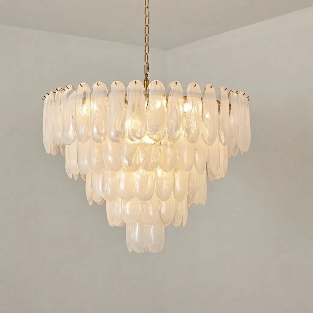 Illuminated Modern Multi-Tier Petal Art Glass Chandelier Studio Display