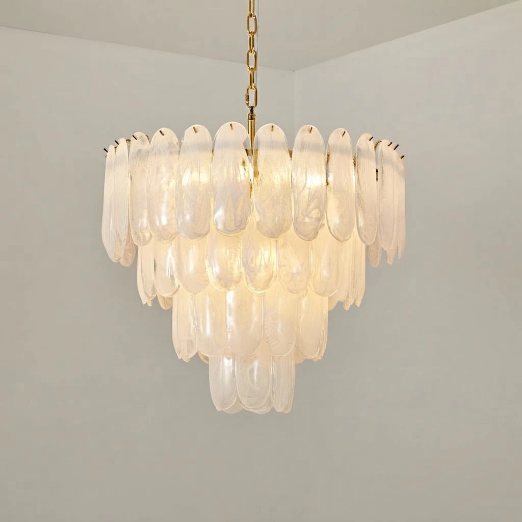 Angled View of Modern Multi-Tier Petal Art Glass Chandelier Studio Display
