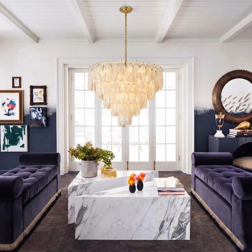 Modern Multi-Tier Petal Art Glass Chandelier in Contemporary Living Space
