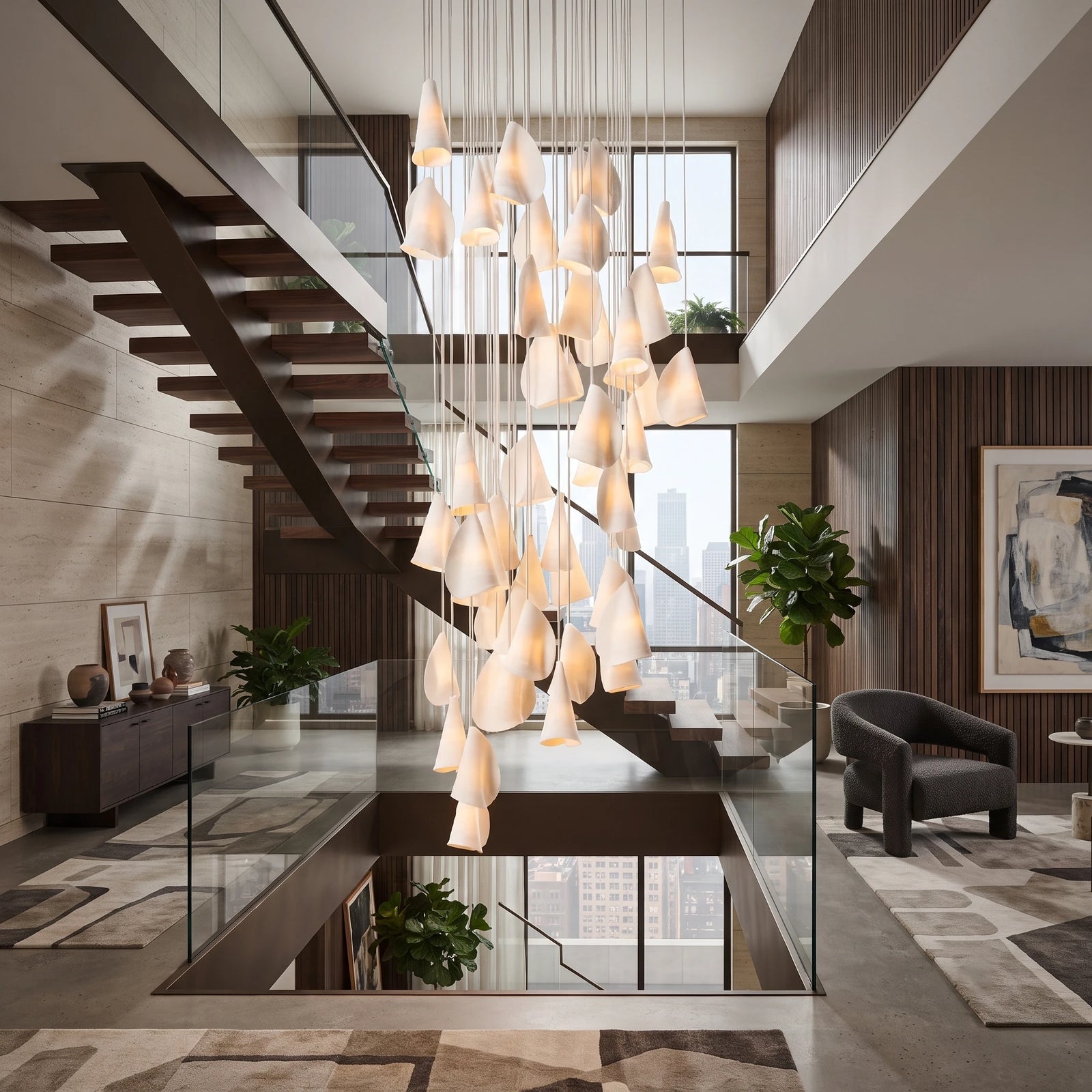 Multi Light Porcelain Cone Chandelier Over Staircase Void
