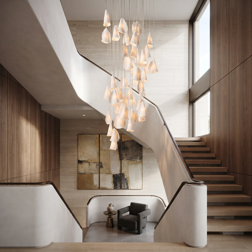 Cascading Porcelain Cone Chandelier Over Living Room Staircase