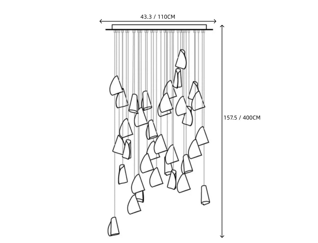 Light Porcelain Cone Chandelier Line Art Dimension Diagram