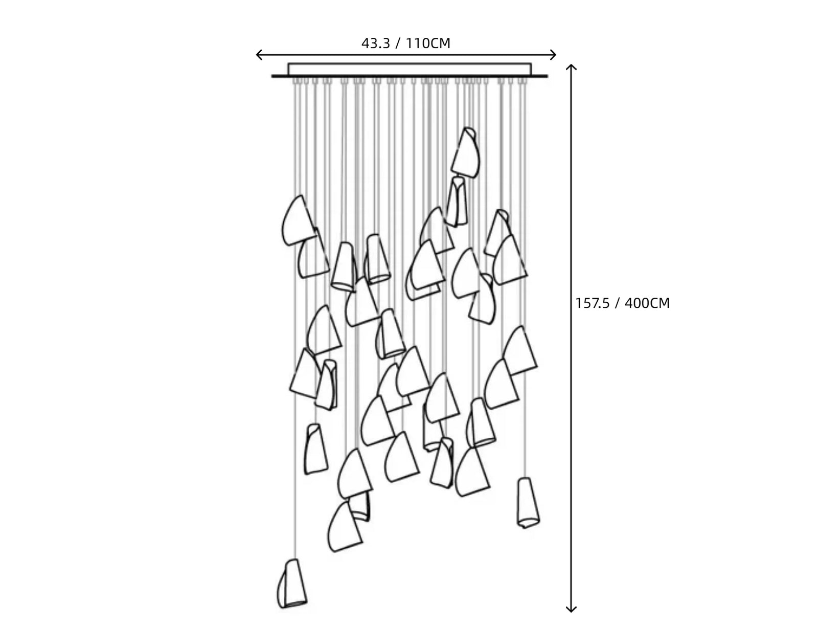 Light Porcelain Cone Chandelier Line Art Dimension Diagram