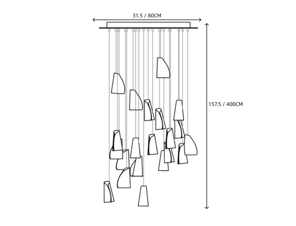 Light Porcelain Cone Chandelier Line Art Dimension Diagram