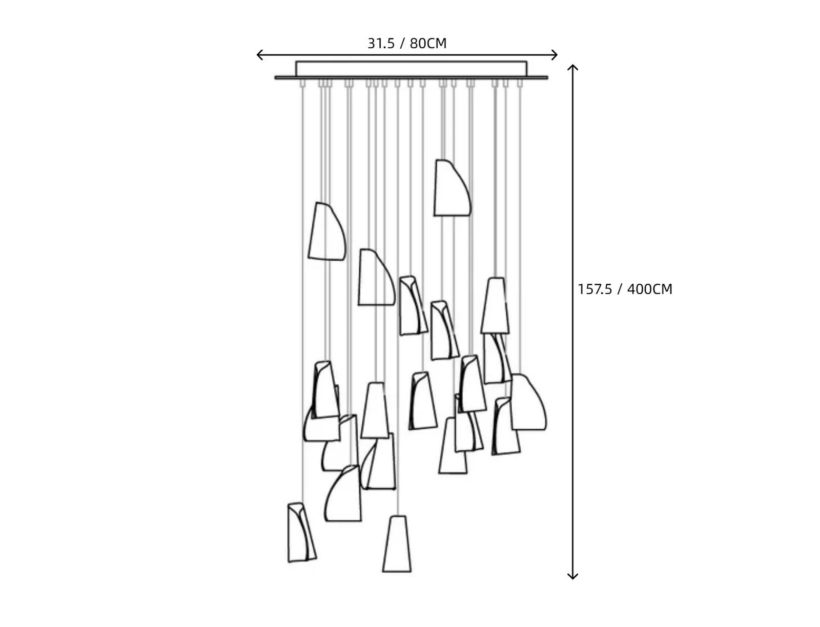 Light Porcelain Cone Chandelier Line Art Dimension Diagram