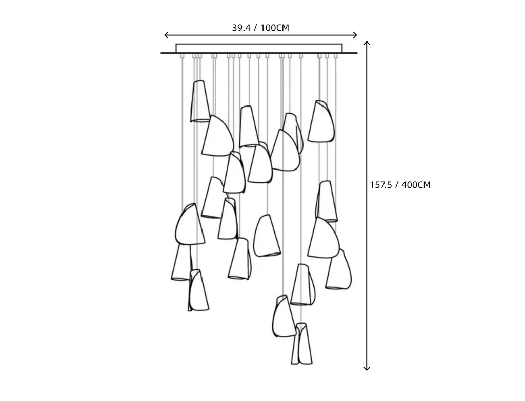 Light Porcelain Cone Chandelier Line Art Dimension Diagram