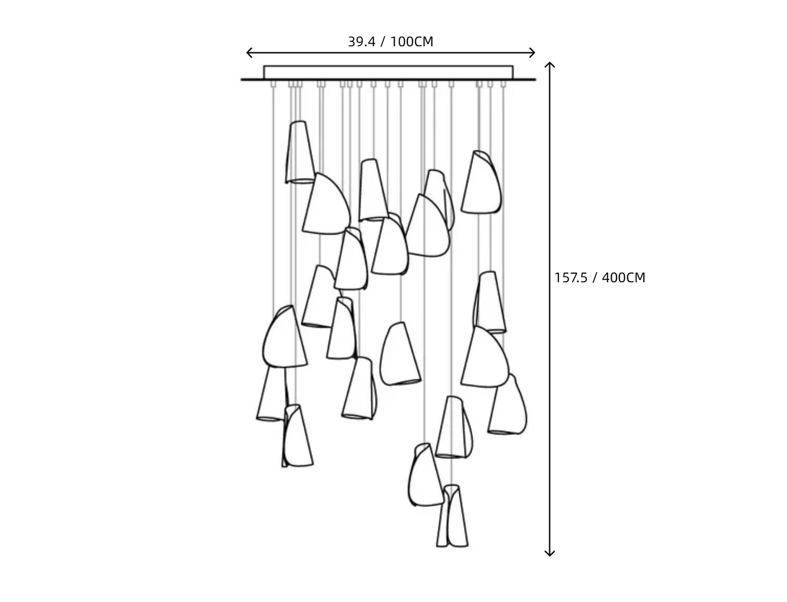 Light Porcelain Cone Chandelier Line Art Dimension Diagram