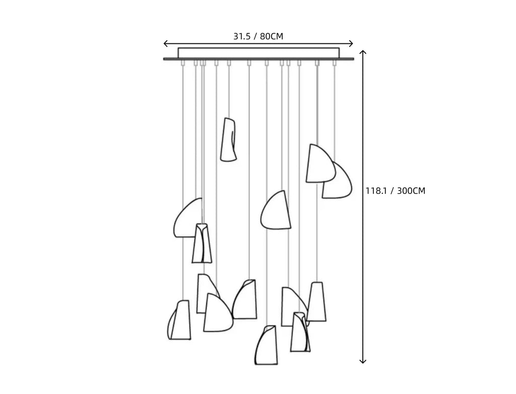 Light Porcelain Cone Chandelier Line Art Dimension Diagram