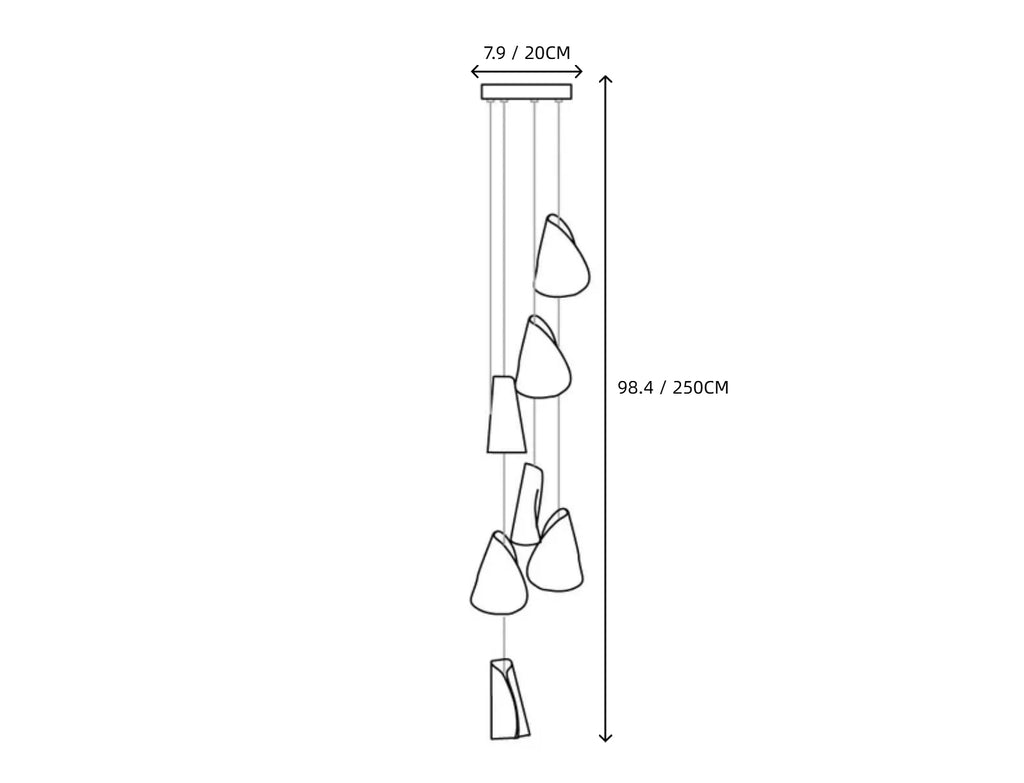 Light Porcelain Cone Chandelier Line Art Dimension Diagram