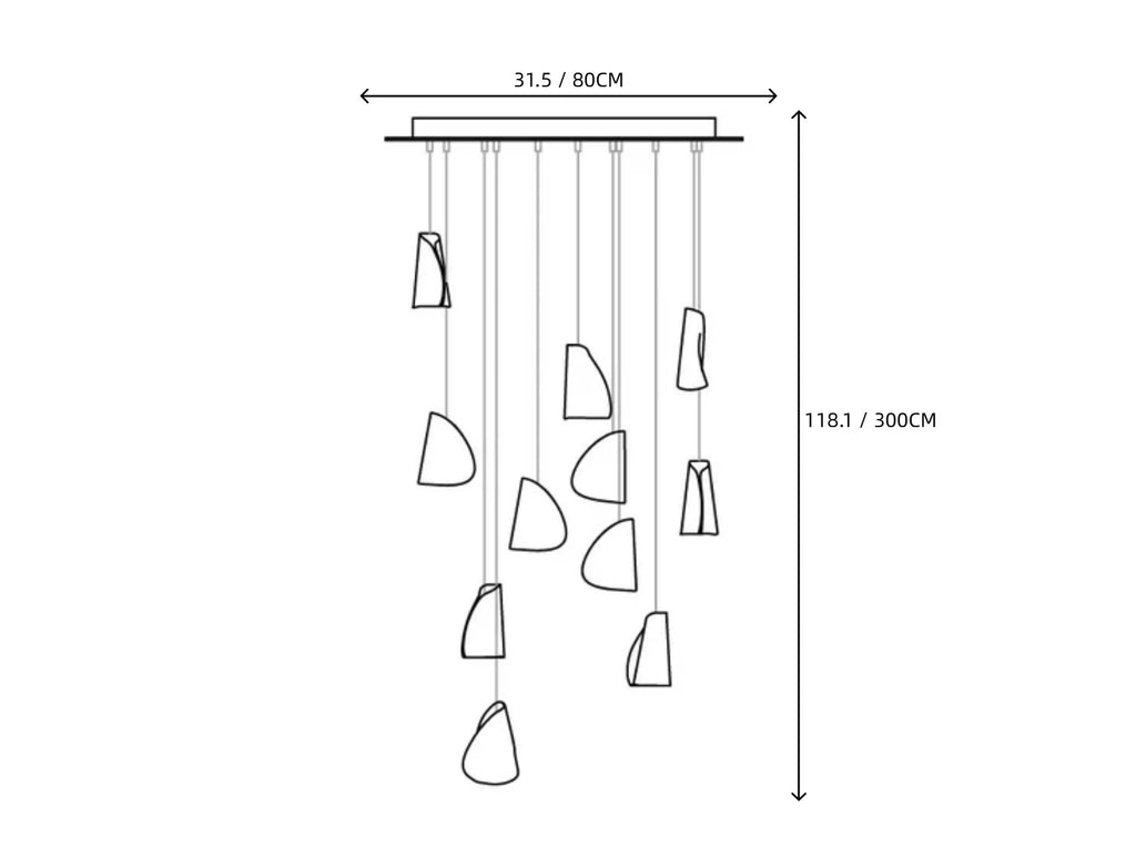 Light Porcelain Cone Chandelier Line Art Dimension Diagram