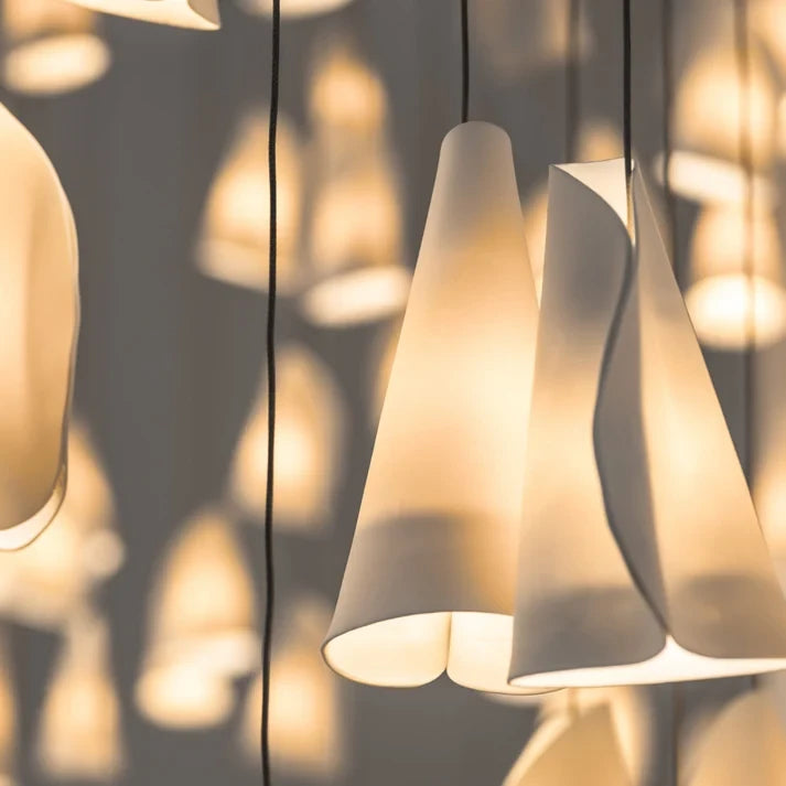 Close Up View of Soft Glowing Porcelain Cone Shades