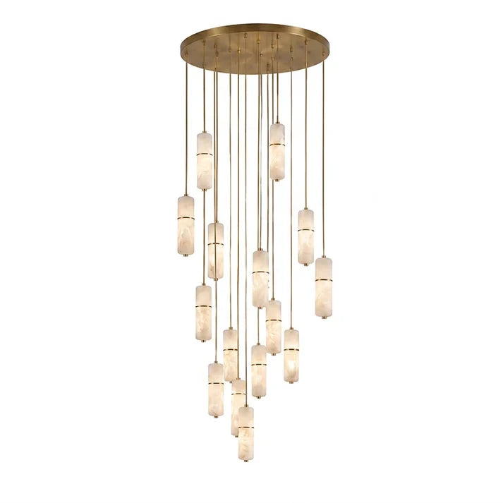 15 Light Alabaster Cylinder Staircase Chandelier Studio Product Shot