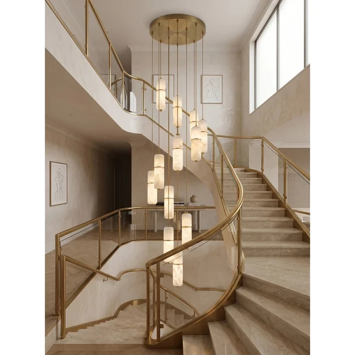 Modern Brass Alabaster Chandelier Over Curved Staircase