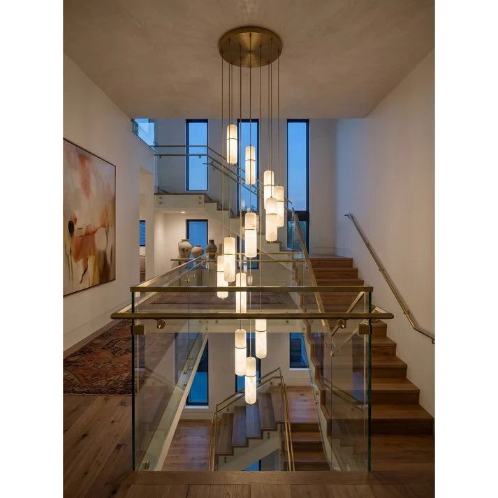 Modern Alabaster Cylinder Waterfall Chandelier Over Stairwell