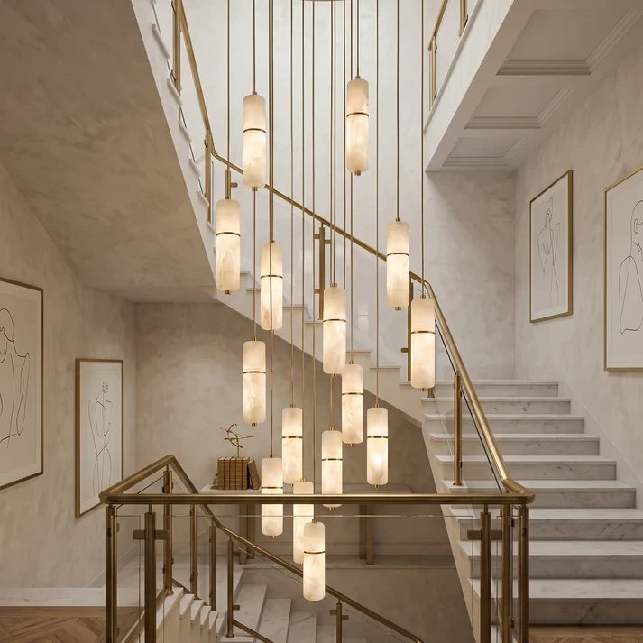 Large Alabaster Cylinder Waterfall Chandelier Over Staircase
