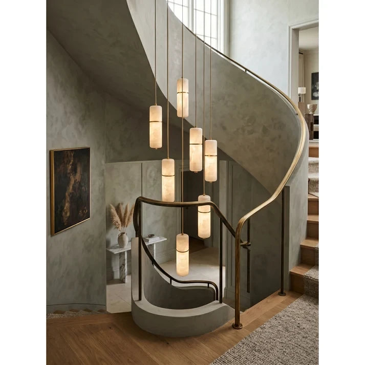 Modern Alabaster Cylinder Pendant Chandelier Over Staircase