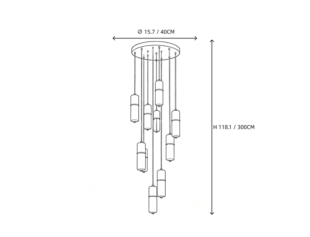 9 Light Alabaster Cylinder Chandelier Line Art Dimension Diagram