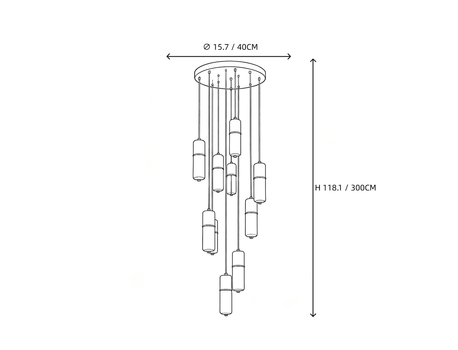 9 Light Alabaster Cylinder Chandelier Line Art Dimension Diagram